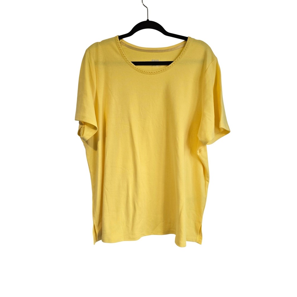 😀 NWOT - ALIA Women Yellow Short Sleeve Scoop Neck Crochet Trim T-Shirt Size 2X